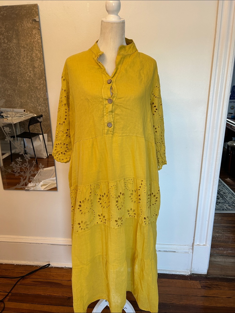 Mustard Yellow Eyelet Tiered Tunic Dress